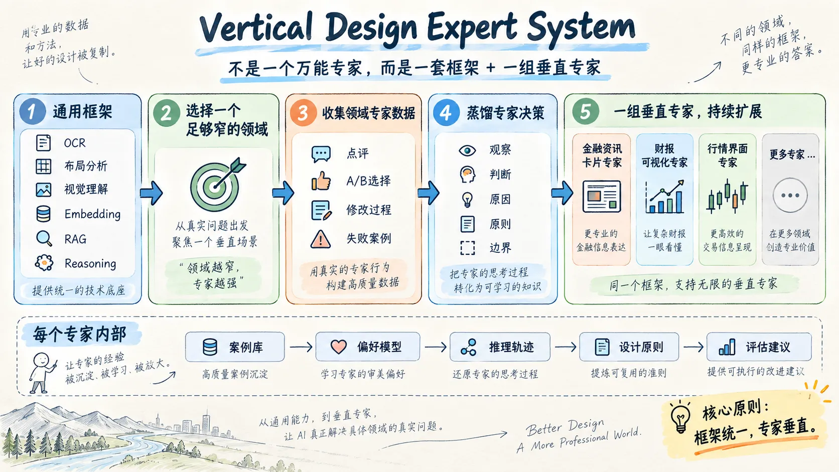 垂直领域设计专家系统：共用基础框架，围绕具体领域积累专家案例、偏好和评价依据